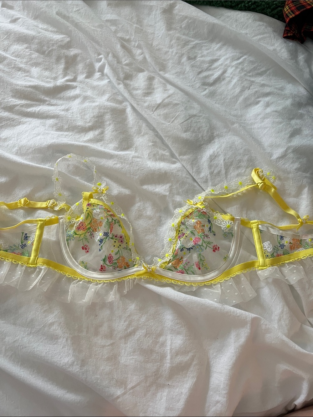 Delicate Yellow Floral Sheer Bra - Women Intimates